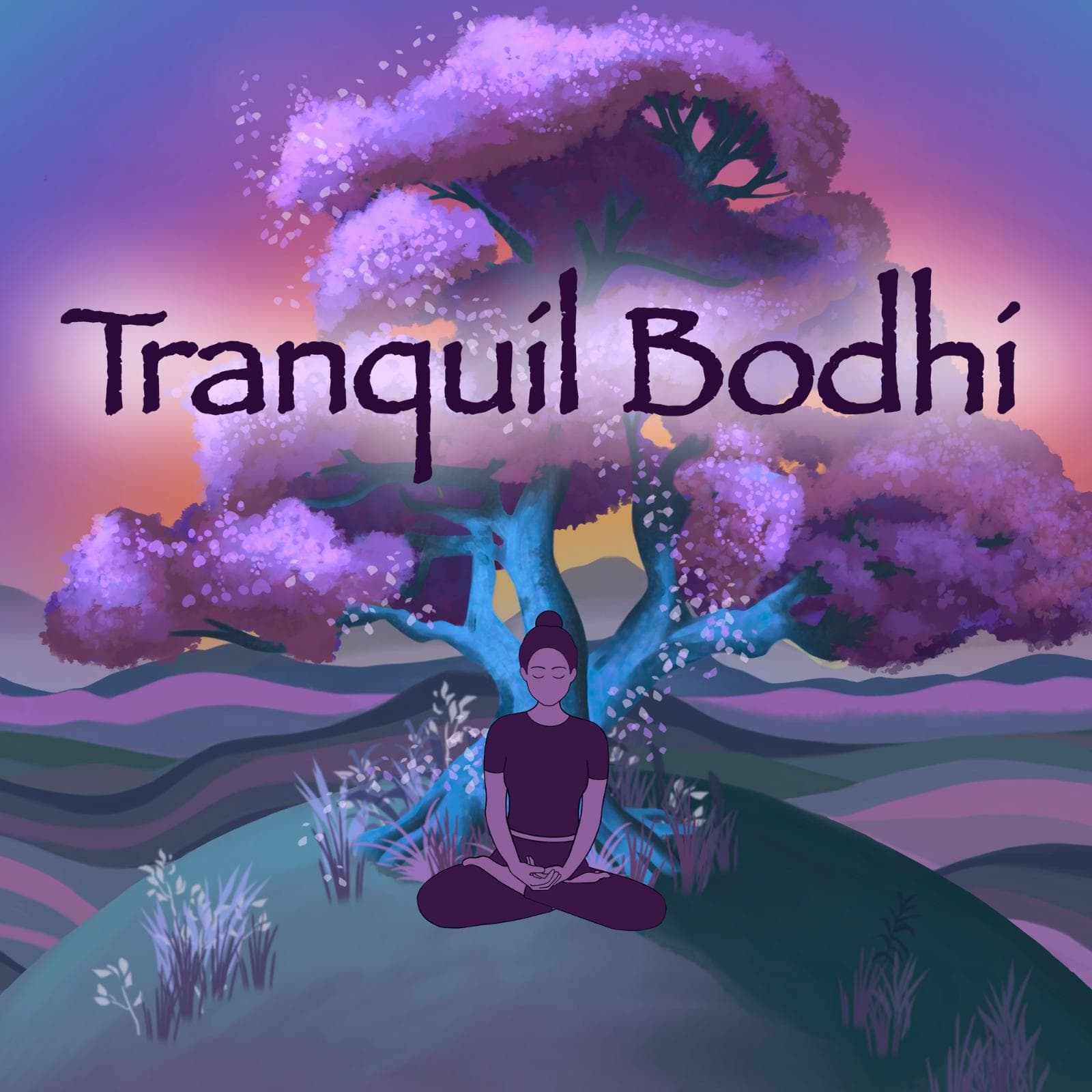 Tranquil Bodhi — a figure meditating beneath a blossoming tree